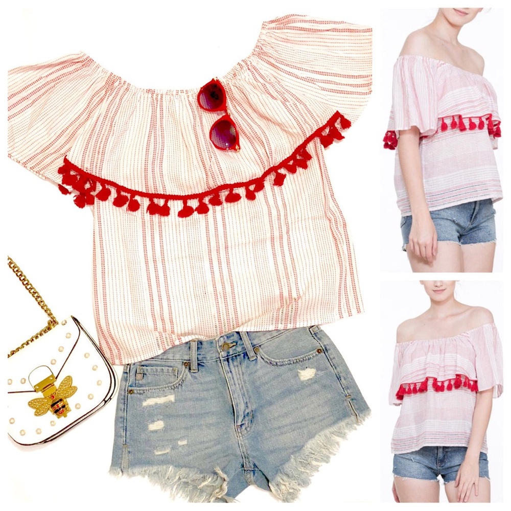 Red White Stripe On OR Off the Shoulder Tassel Top